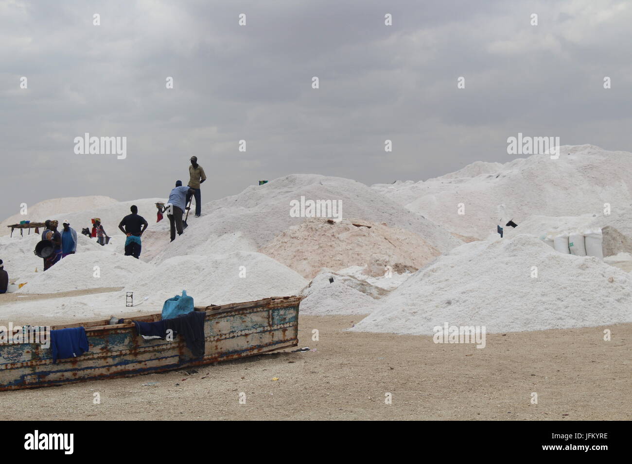 Big piles of salt on the shore of Lake Retba, Pink Lake, Lac Rose, outside Dakar, Senegal. Stock Photo