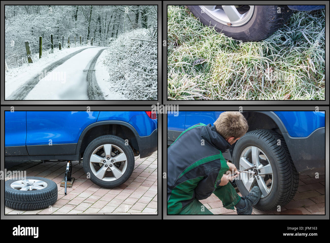 Workflow tire change., Screen is divided into 4 sections. Stock Photo