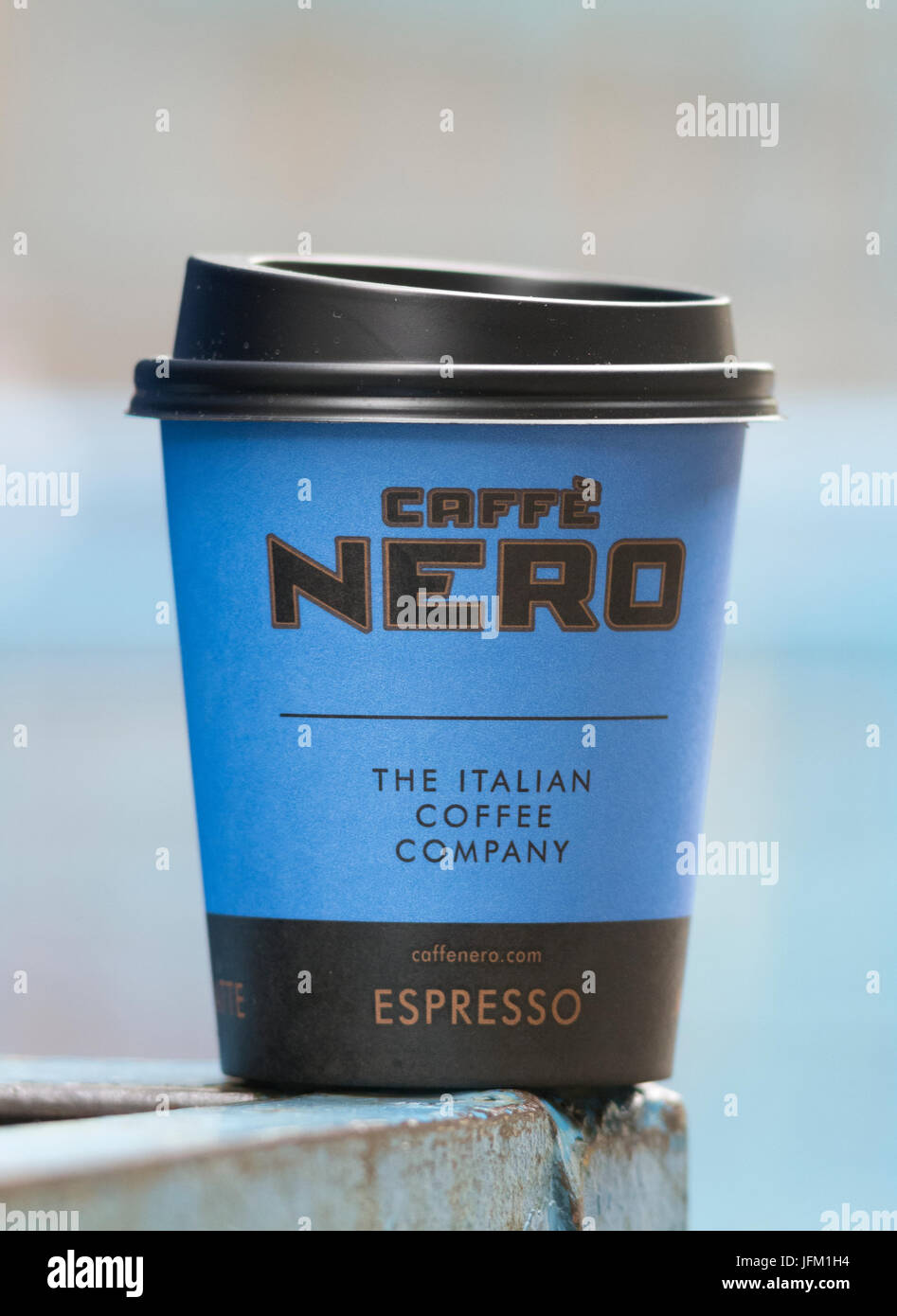 Cup of Caffe Nero Coffee to Take Away, Caffe Nero was founded in 1997 by Gerry Ford in London. Stock Photo