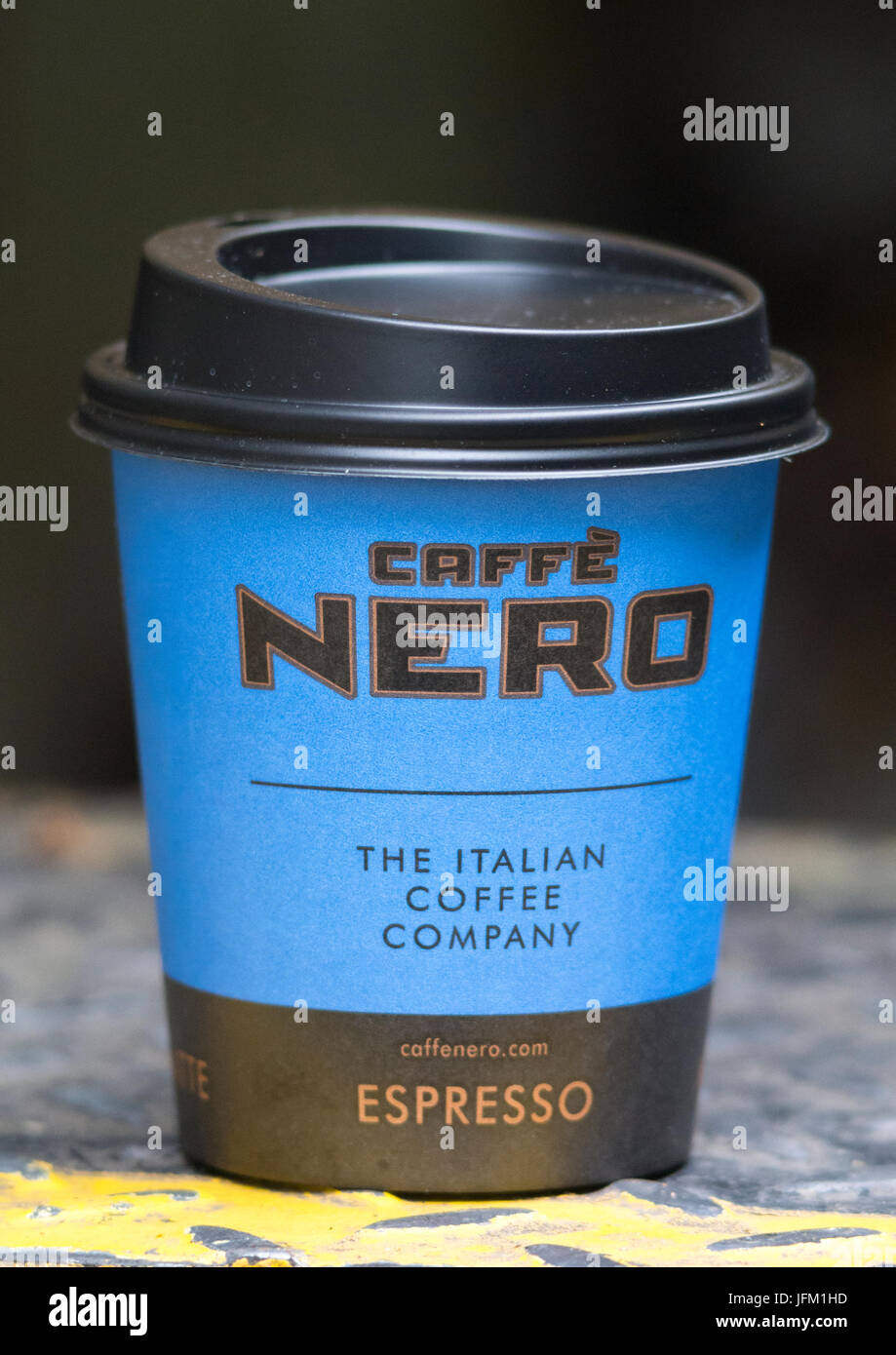 Cup of Caffe Nero Coffee to Take Away, Caffe Nero was founded in 1997 by Gerry Ford in London. Stock Photo