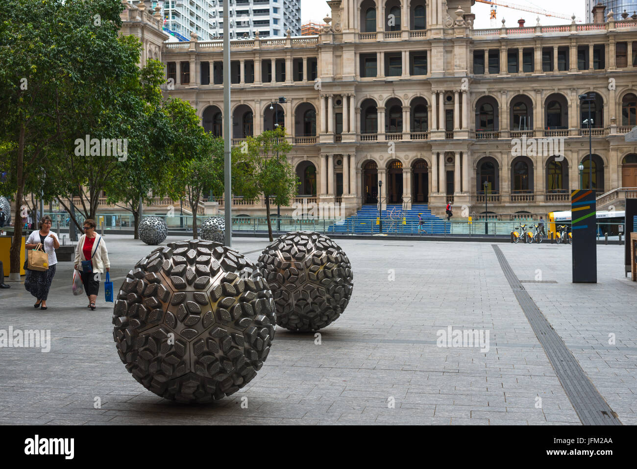 At the top of the Mall, in front of the Casino are 15 Spheres of Steam, a sculpture by Donna Marcus, made from 7,000 steamers! Brisbane, Australia. Stock Photo