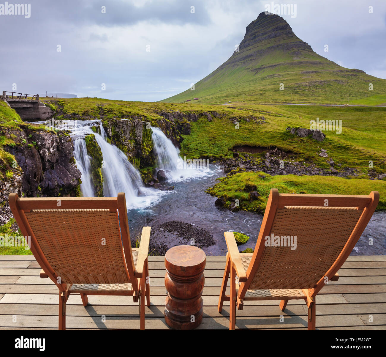 Deck chairs on the wooden floor waiting for tourists Stock Photo