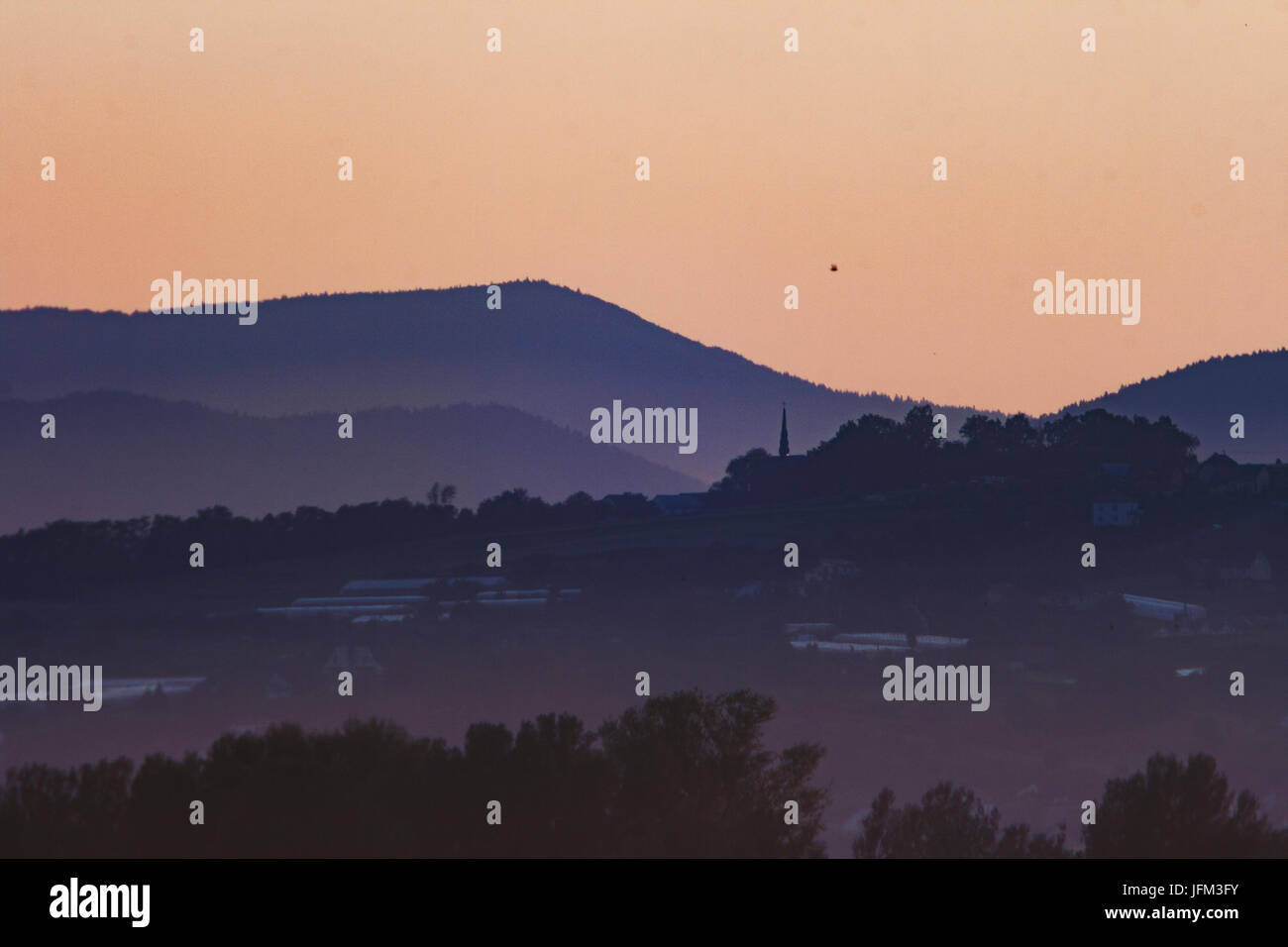 Sunset over Island Beskids (Beskid Wyspowy) mountains in southern Poland, taken in Nowy Sącz Stock Photo