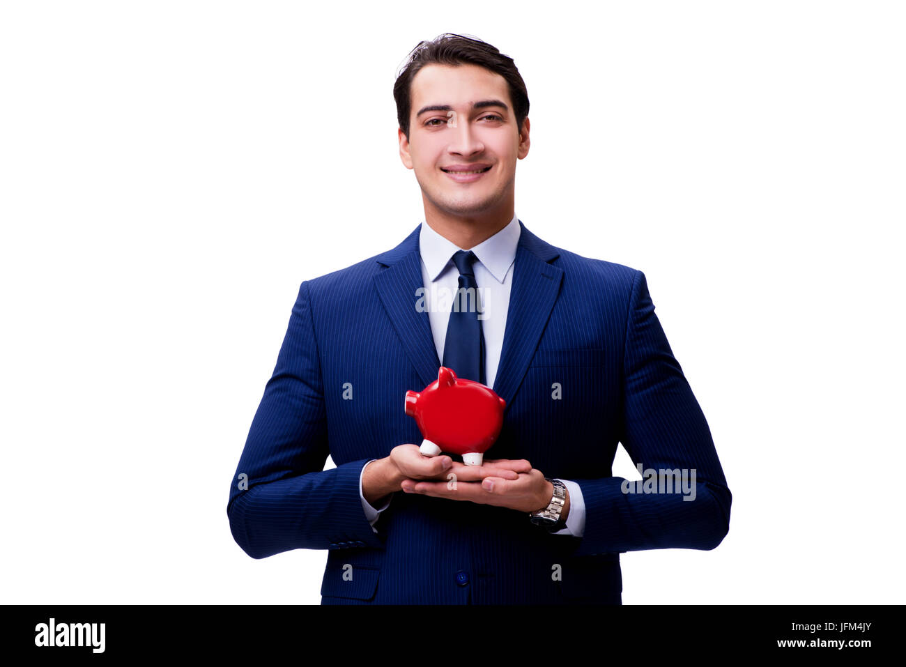 Handsome man with piggybank isolated on white Stock Photo - Alamy