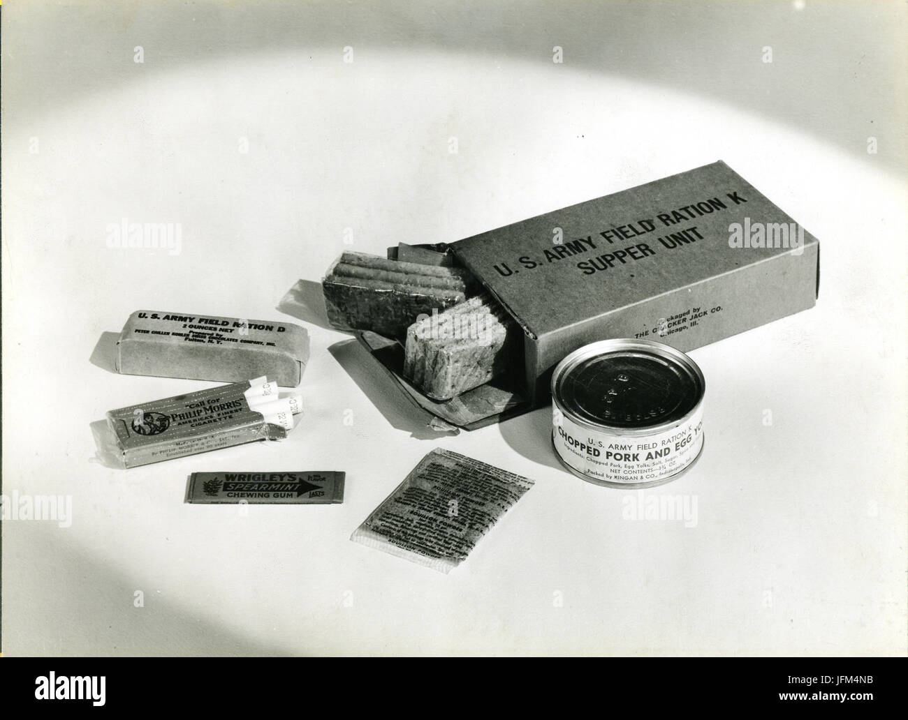 The contents of U.S. Army field ration K - supper unit. World War II-era. Stock Photo