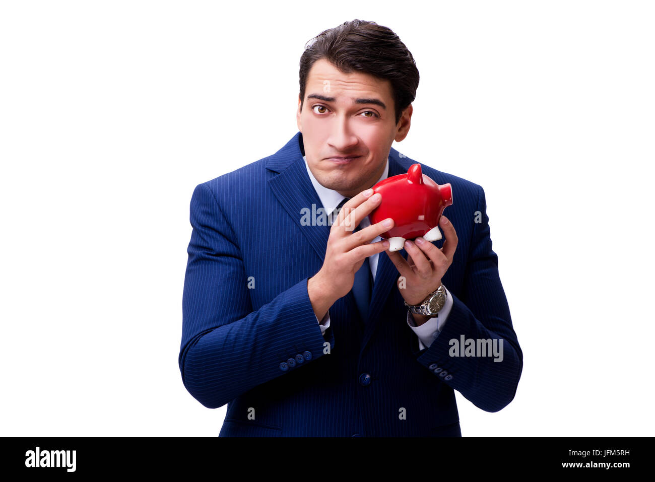 Handsome man with piggybank isolated on white Stock Photo - Alamy