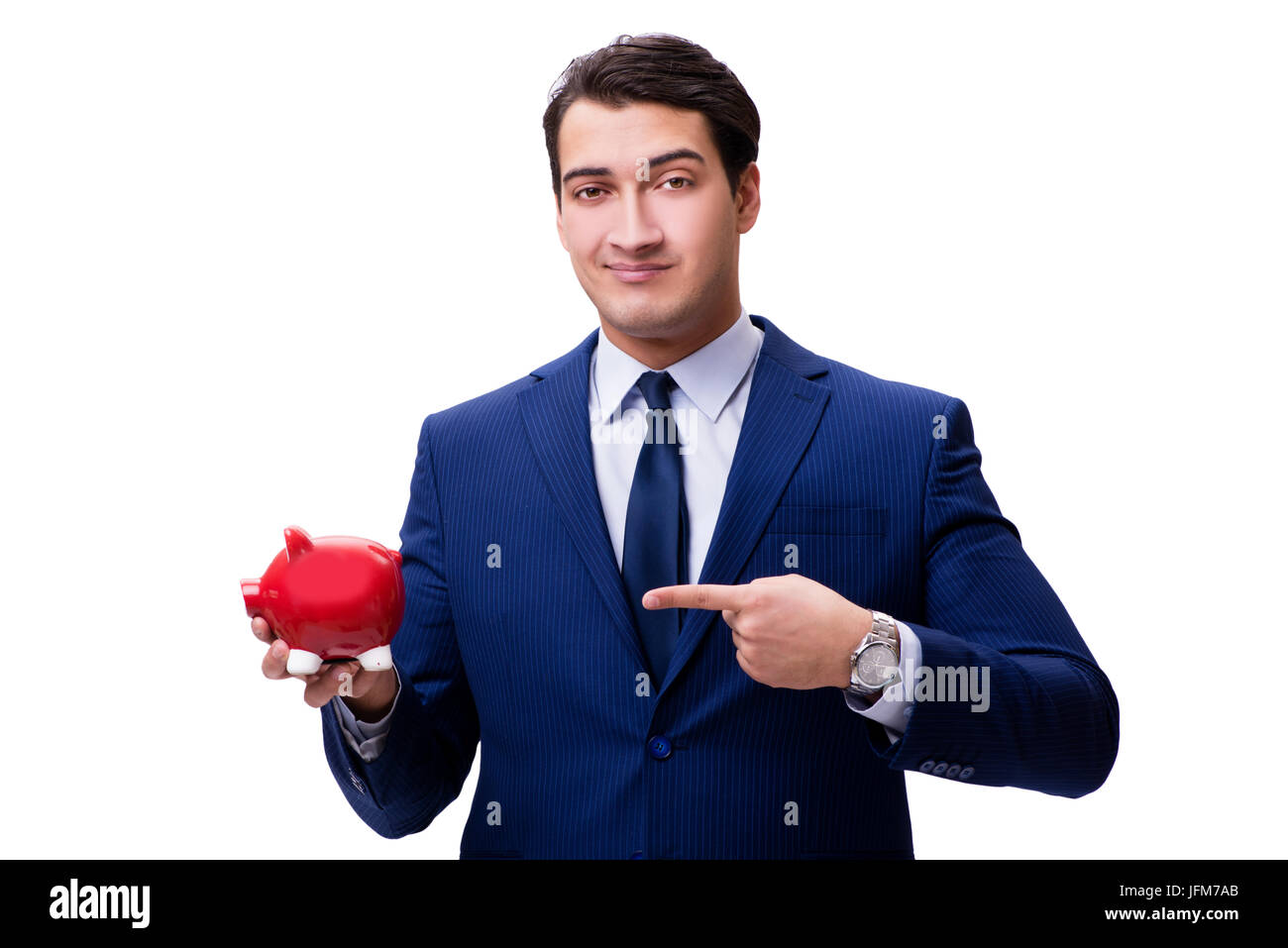 Handsome man with piggybank isolated on white Stock Photo - Alamy