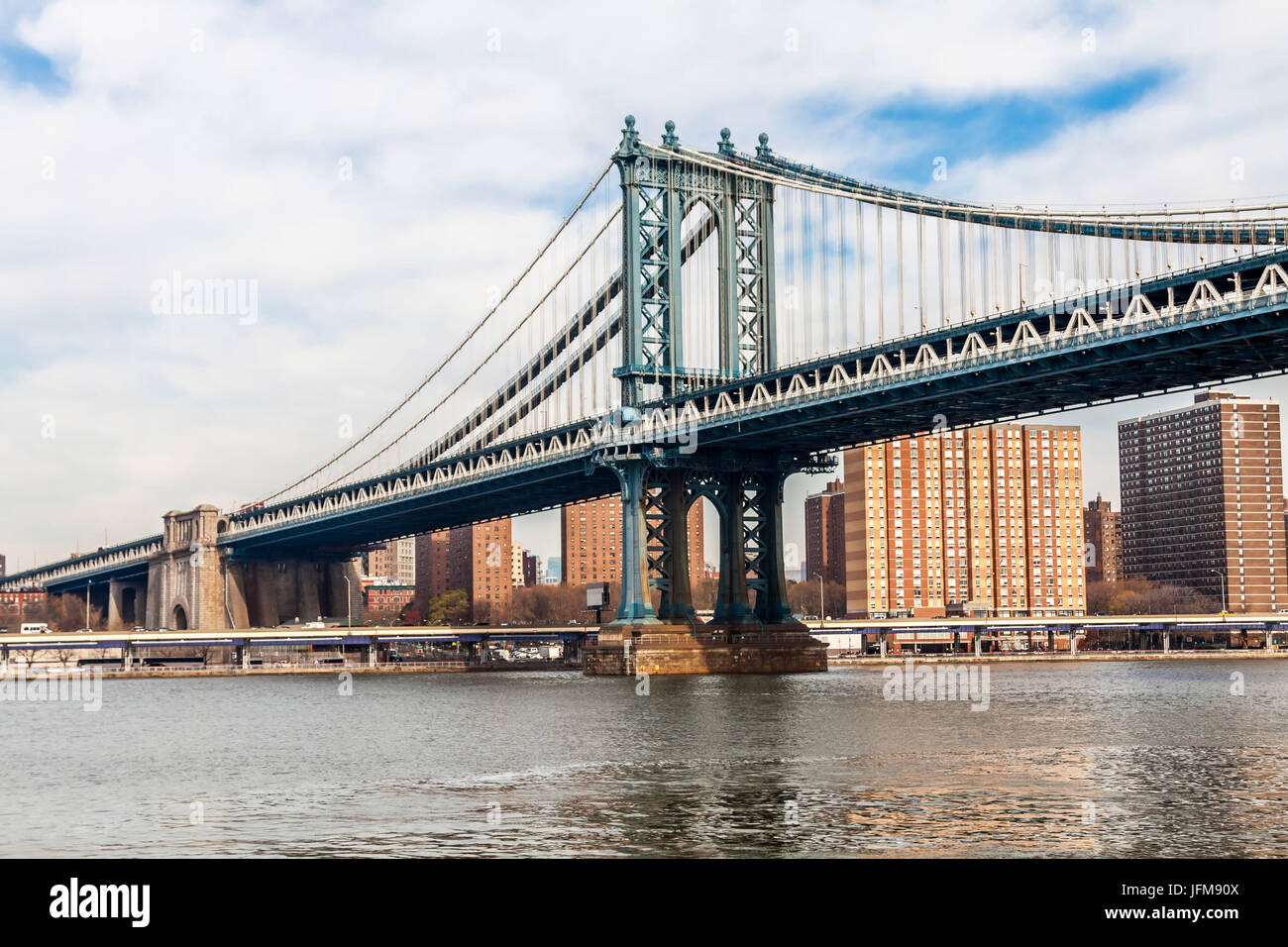 USA, New York City, Lower Manhattan and Manhattan Bridge Stock Photo