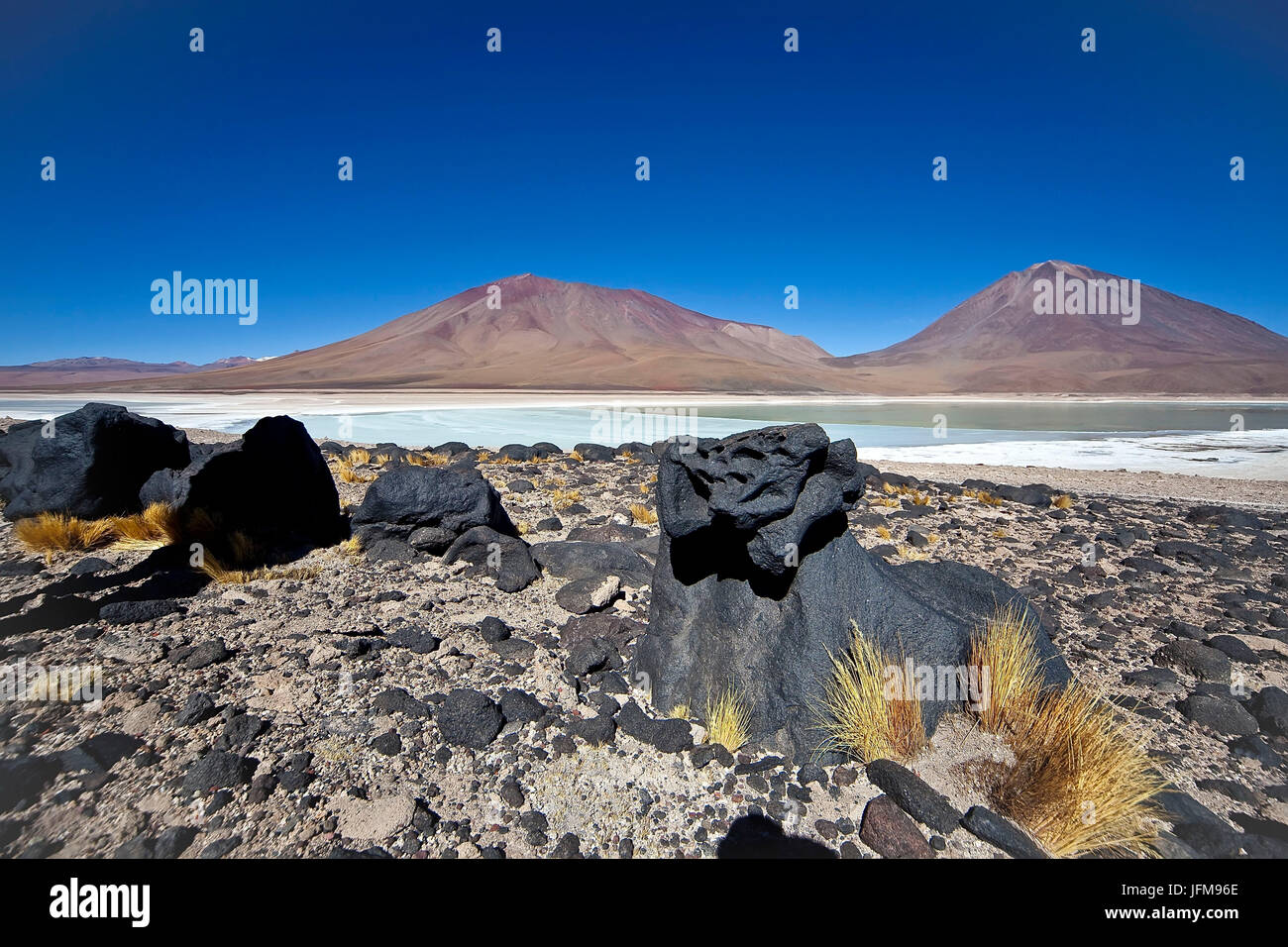 Black volcanic rocks near the Laguna Verde, In the background volcanoes Juriques and Llicancabur, South Lipez, Bolivia, South America Stock Photo