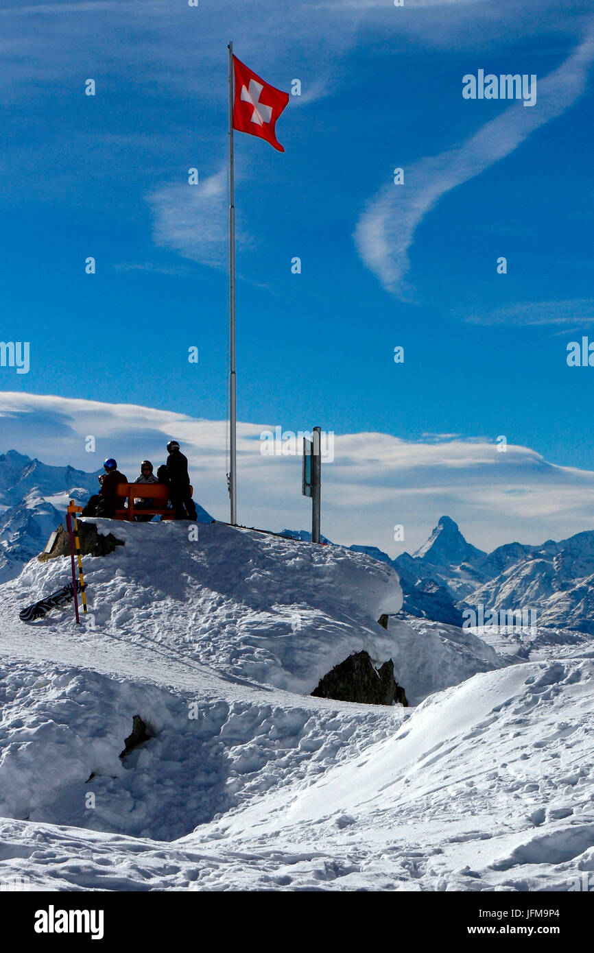 Skiers in front of Cervino as seen from the ski area of Bettmeralp, Valais, Switzerland Stock Photo