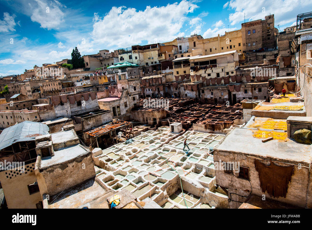 Fes, Marocco, Africa, Workers in the tanneries views from the terraces of the nearby laboratories, Stock Photo