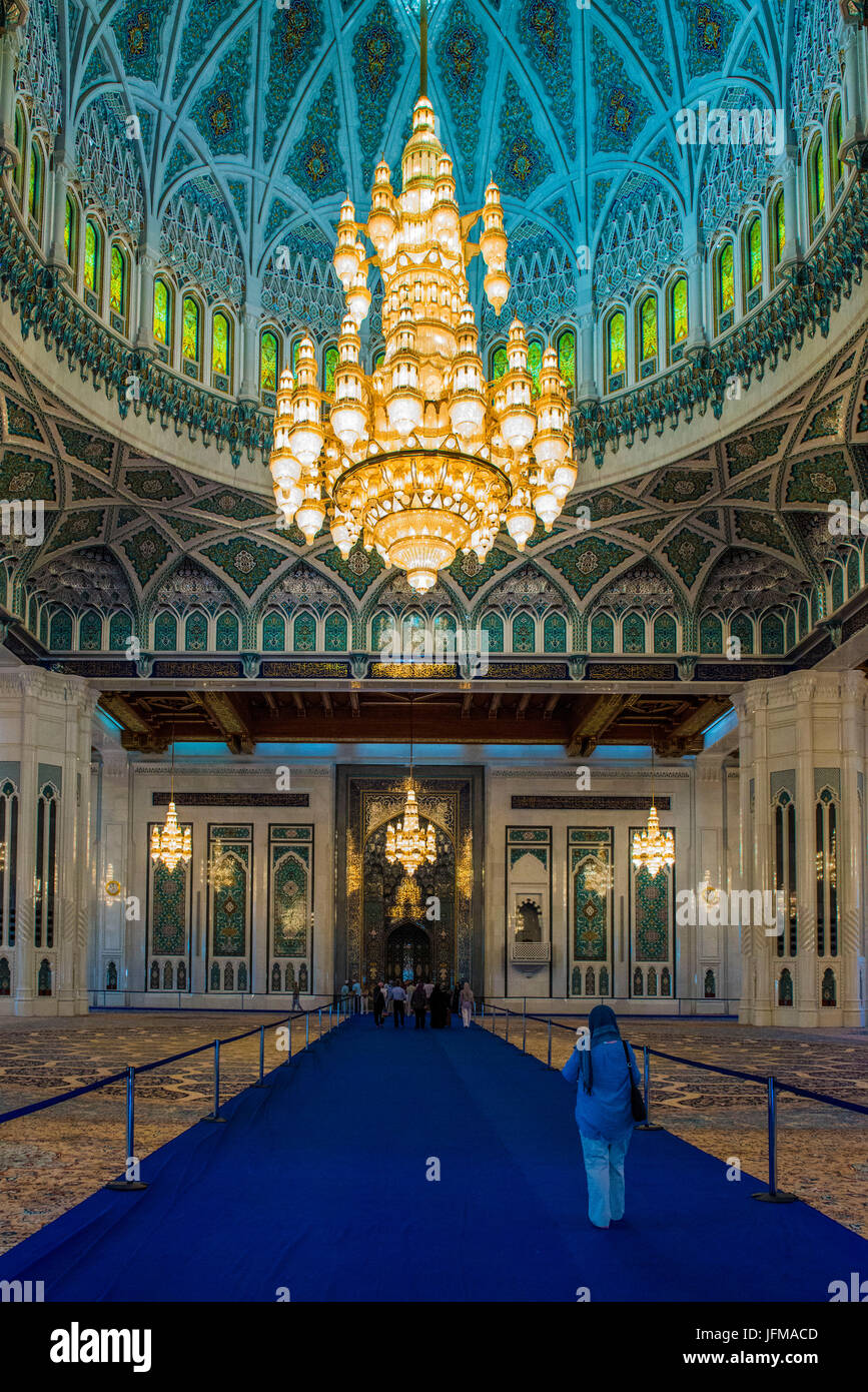 Sultan Qaboos Grand Mosque, Muscat, Sultanate of Oman, Middle East, The huge chandelier inside the Mosque, Stock Photo