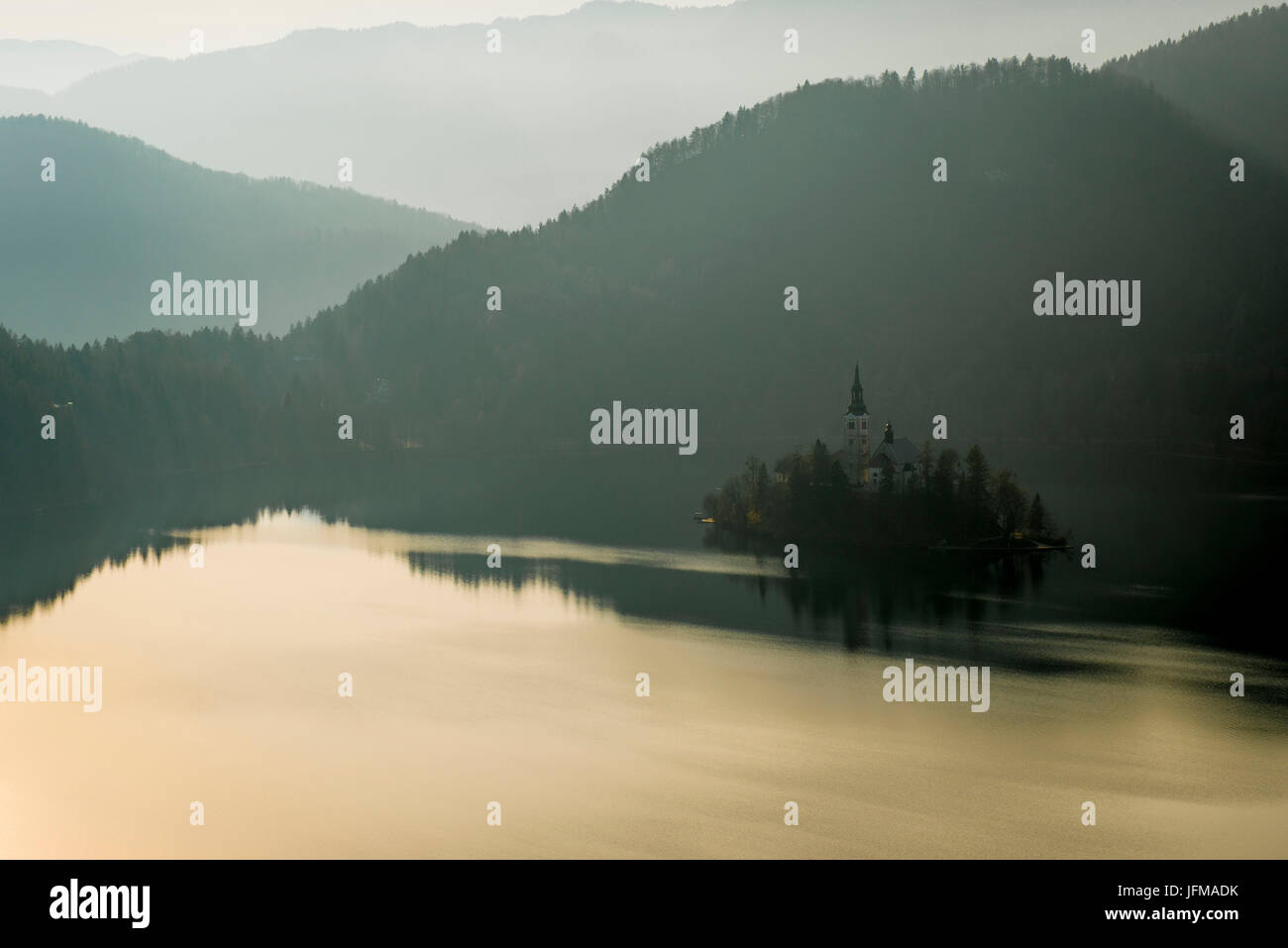 Bled, Slovenia, Europe, A panoramic view of Bled lake with St. Marys Assumption church on the small island, Stock Photo