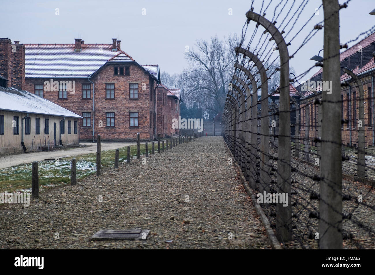 Auschwitz, Oswiecim, Birkenau, Brzezinka, Poland, North East Europe, Electric fence in former Nazi concentration camp, Stock Photo