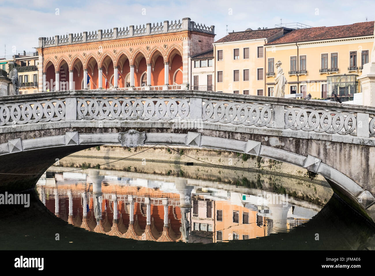 Padua, Veneto, North Italy, Europe, Reflected bridge on the Piazza Prato della Valle, Stock Photo