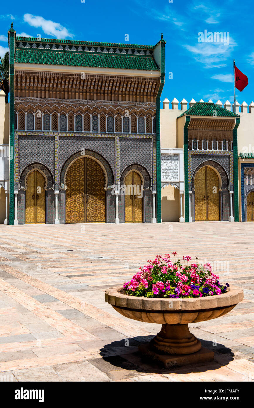 Fes, Marocco, North Africa, The royal palace Dar el Makhzen with in front an flowers pots, Stock Photo