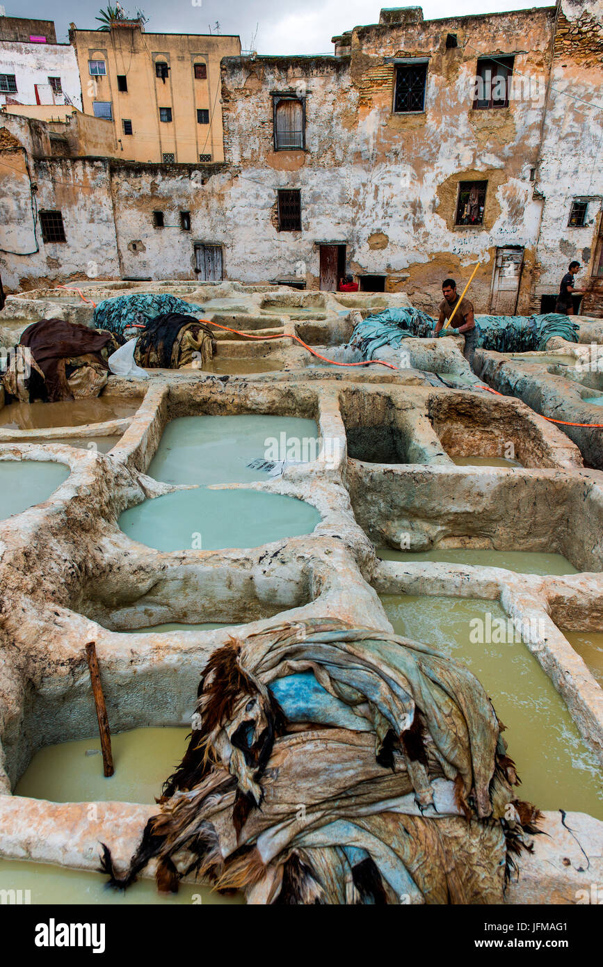 Fes, Morocco, North Africa, Workings between the tanks in the tannery Stock Photo