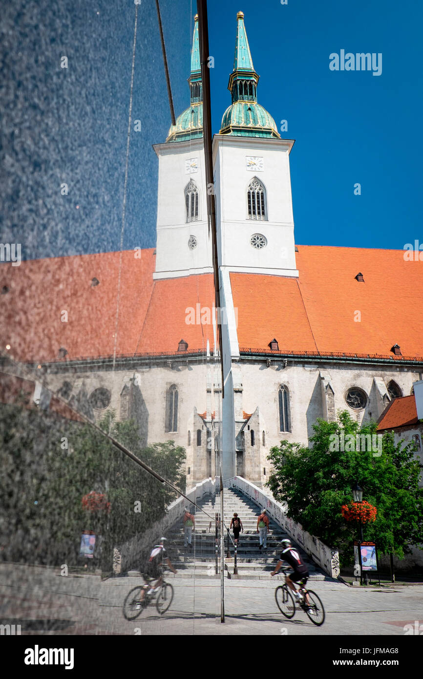 Bratislava, Slovakia, center Europe, The St. Martin, s Cathedral reflected in a granite wall, Stock Photo