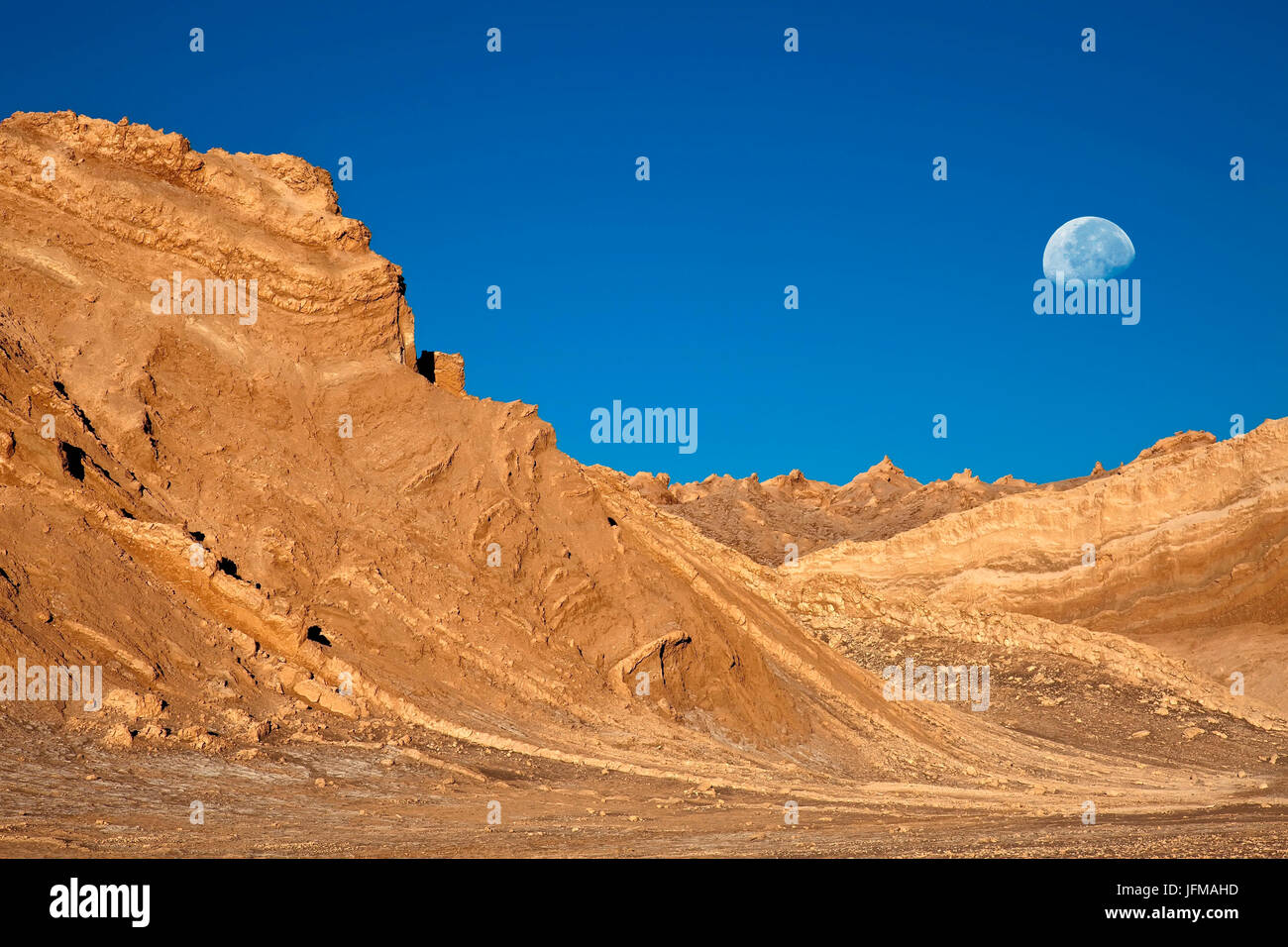 Set of landscapes of incomparable beauty resembling a fragment of the moon landscape in the Moon Valley in San Pedro de Atacama, Chile, This wonderful natural phenomenon is due to the encounter of the Atacama desert with the Andes mountain range, South America Stock Photo