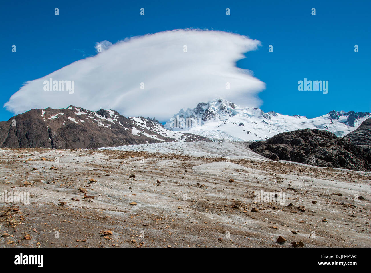 South America, Ande Mountains, Argentina, Patagonia, El Chalten, Glacier Rio Tunel Inferior, Lenticular Stock Photo