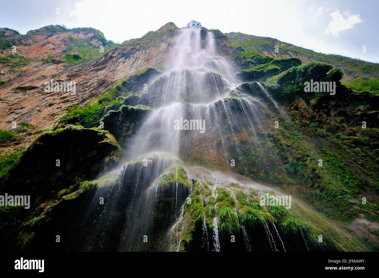 Under a waterfall in the Canyon Sumidero, Chiapas, Mexico Stock Photo