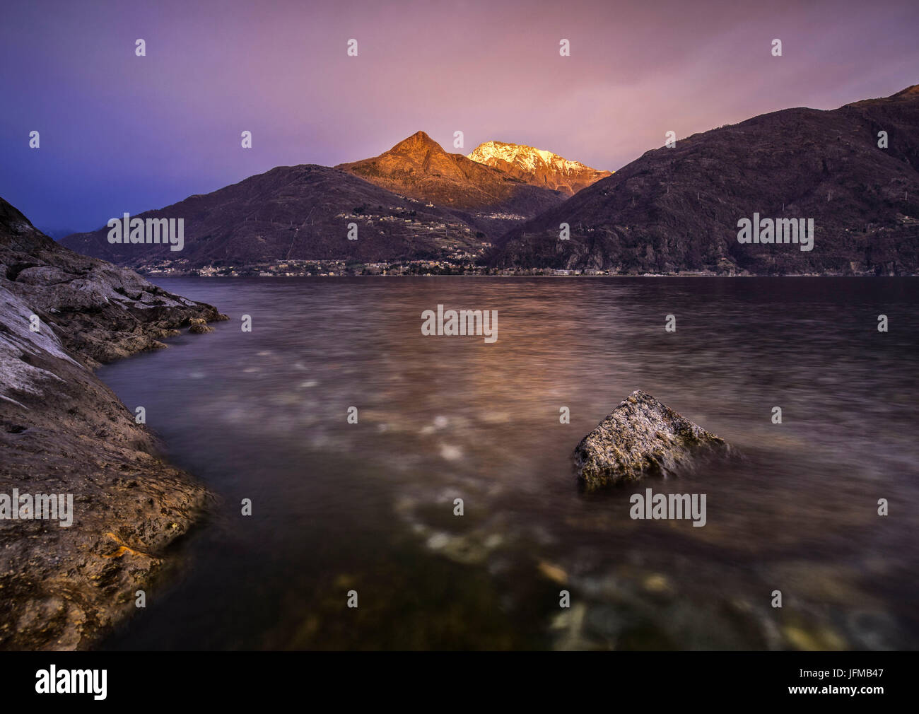 Italy, Lombardy, Como district, Como Lake, Sunset on San Siro Acquaseria beach Stock Photo