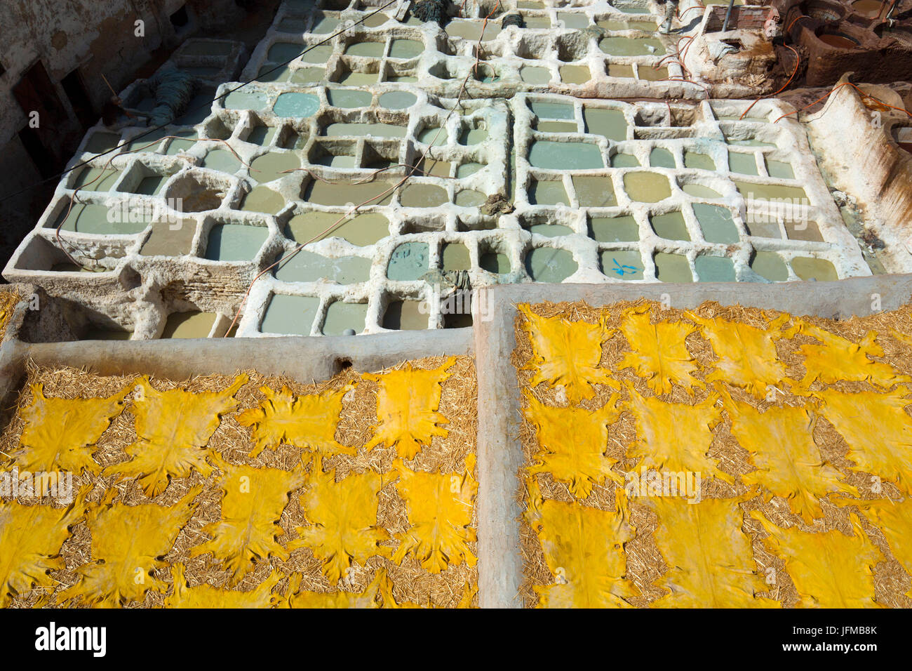 North Africa, Morocco, Fes district, Fez Tannery, Chouara Tannery, Leather processing Stock Photo