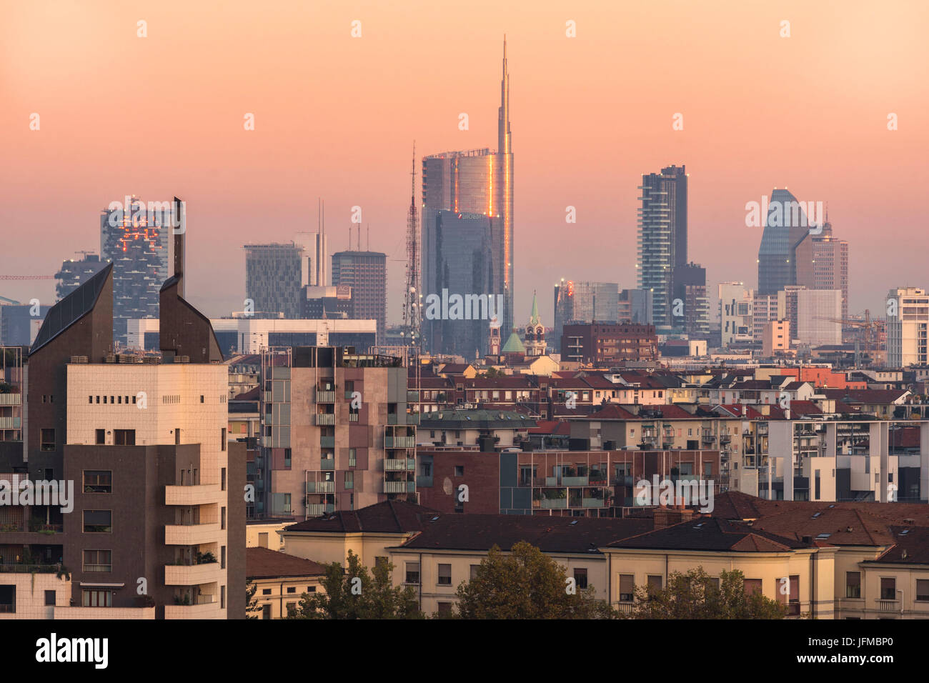 Milan, Lombardy, Italy, Sunset over Milan's Skyline Stock Photo