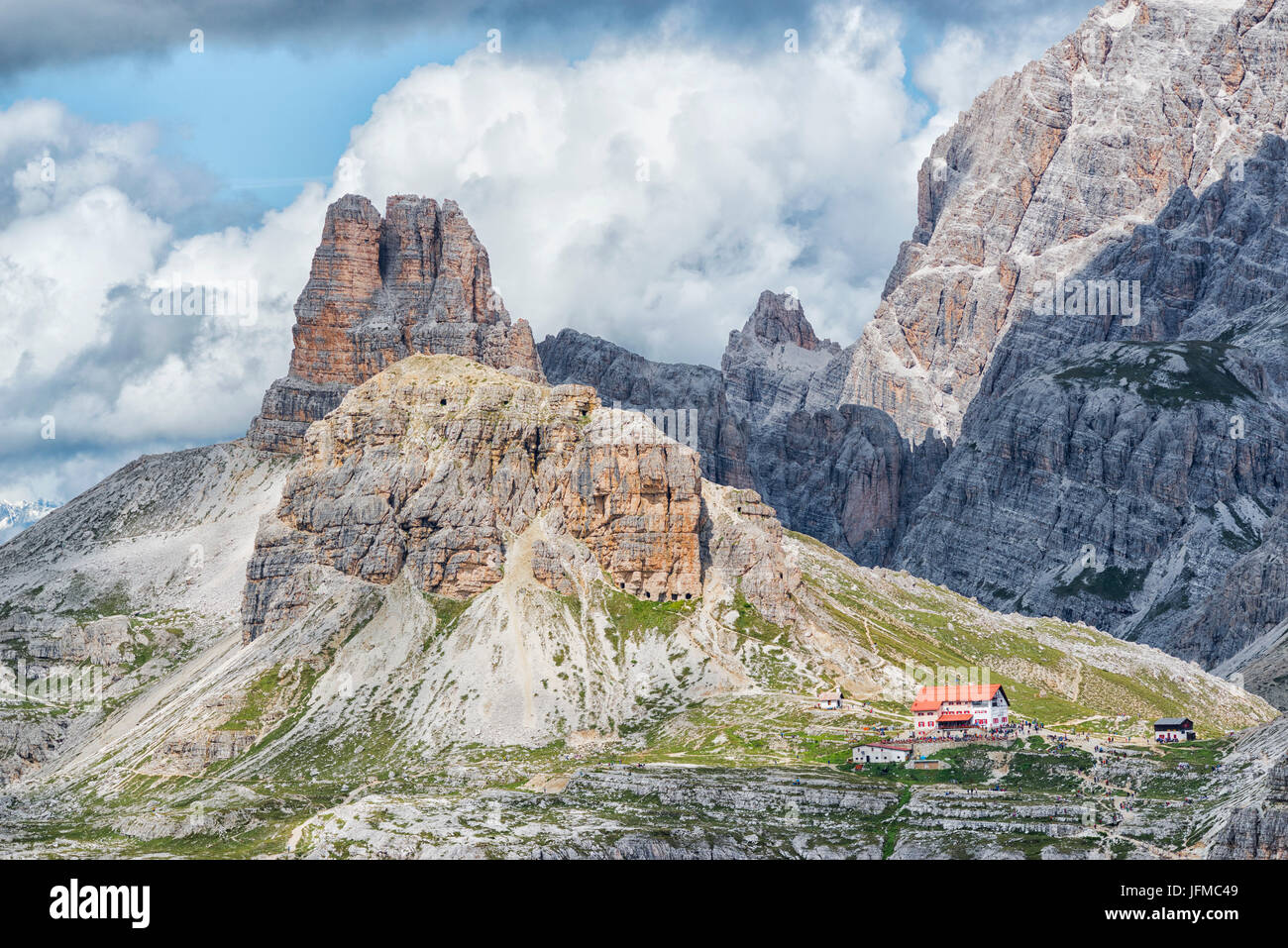 Trentino Alto Adige, Italy, Europe Park of the Tre Cime di Lavaredo, the Dolomite mountains taken during a day with clouds, In the background you can see Mount Paterno and the refuge Locatelli Stock Photo