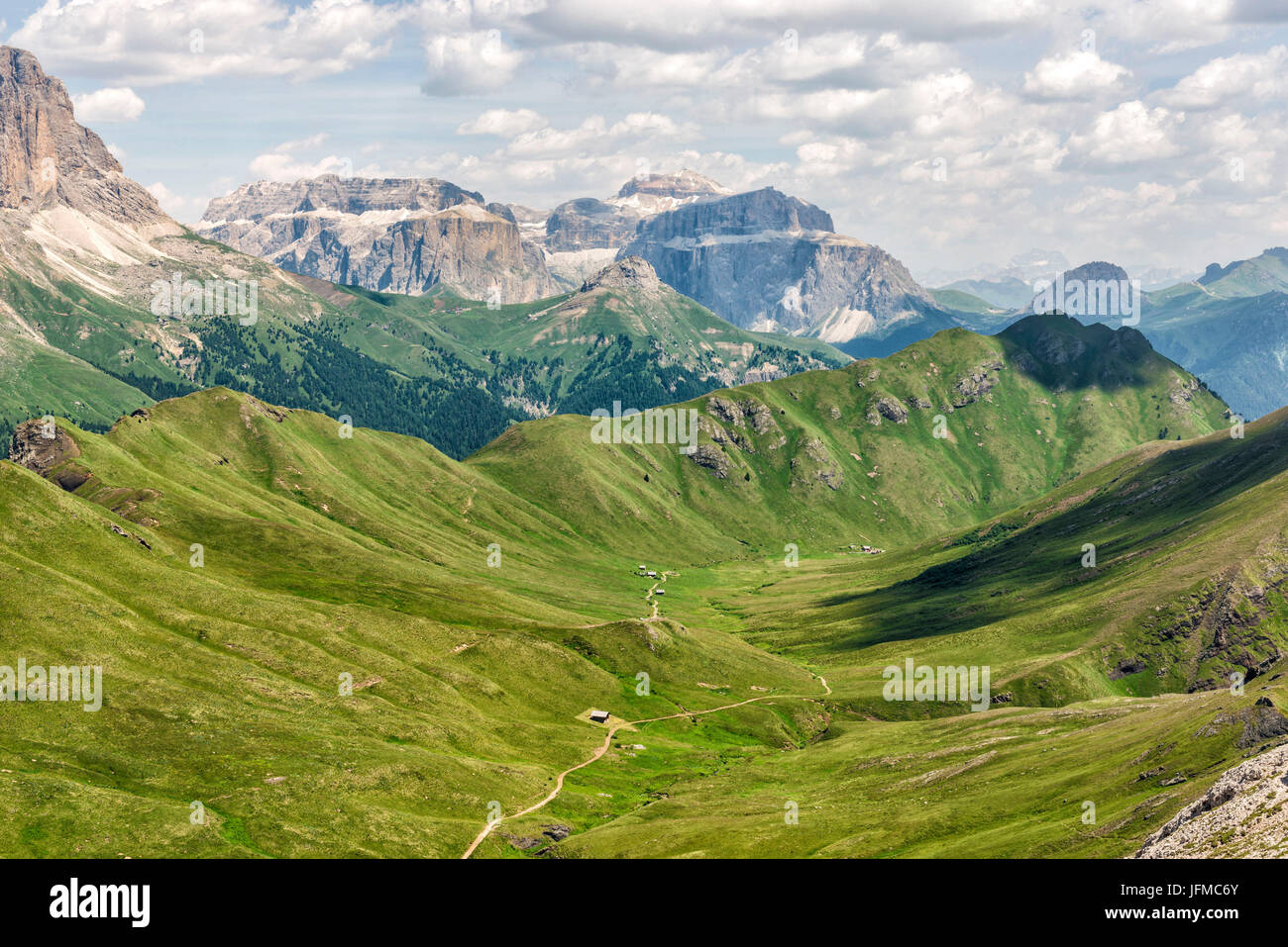 The Dona Val and The Sasso Piatto mountain, Dolomites, Italy Stock Photo