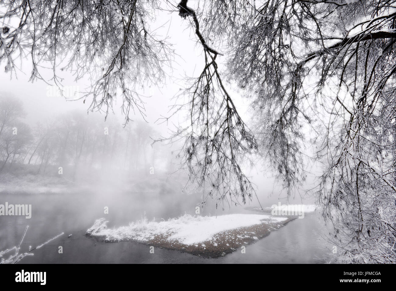 Plain Piedmont, Piedmont, Turin, Italy, Hoar frost trees on the Po river Stock Photo