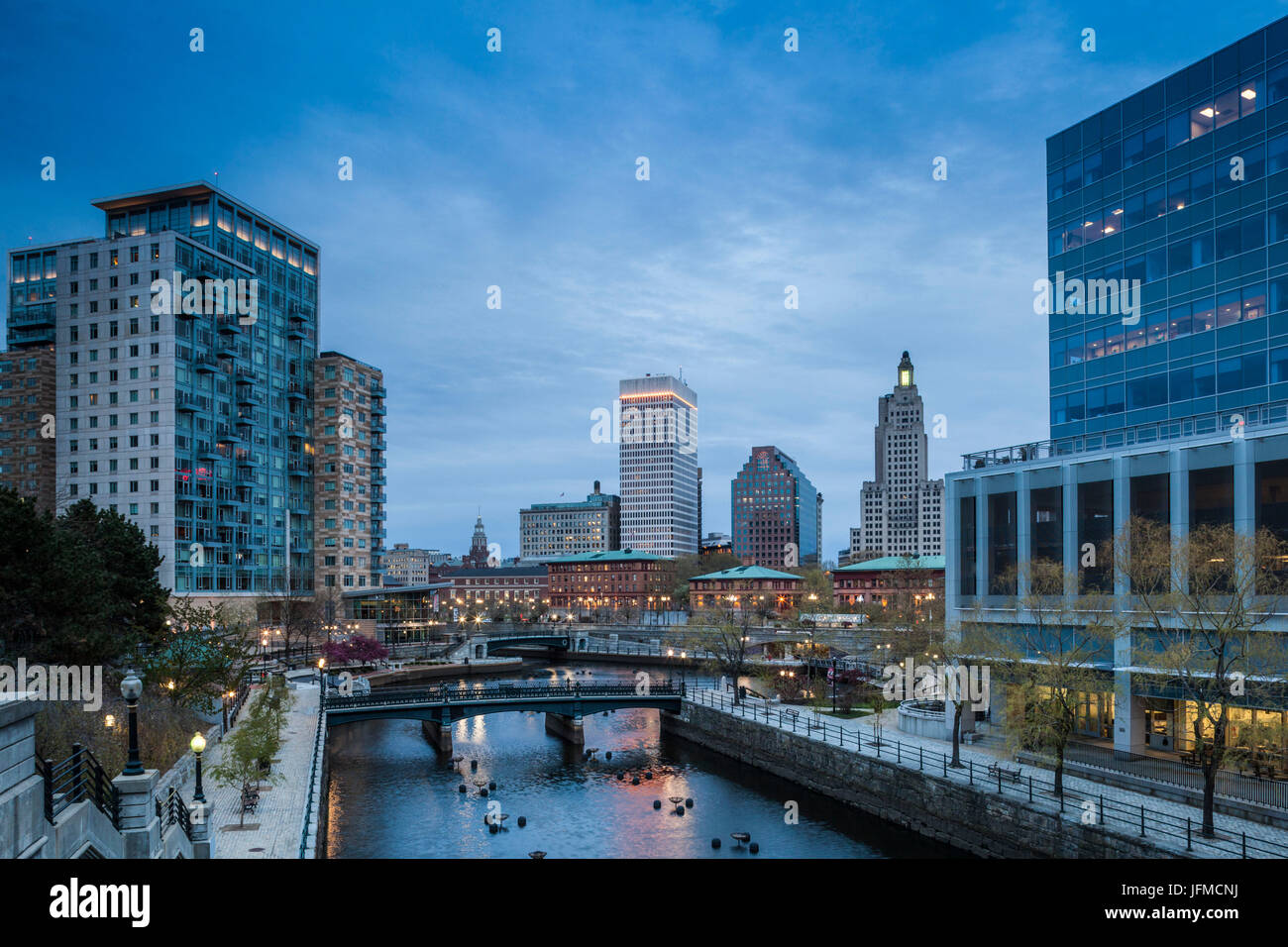 USA, Rhode Island, Providence, city skylline from Waterplace Park, dusk Stock Photo