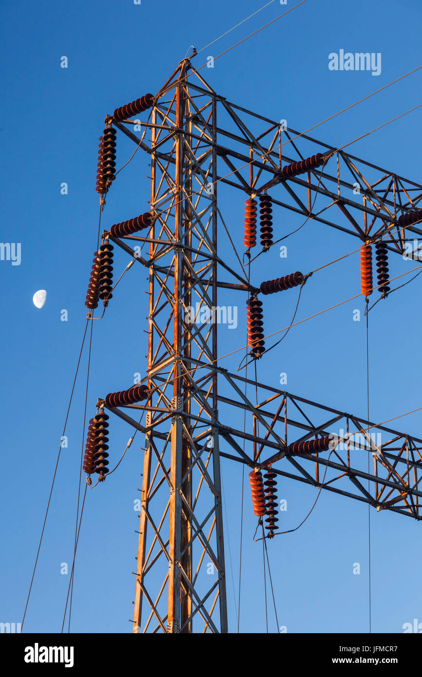 USA, Rhode Island, Providence, electrical pwer lines and moon, dawn Stock Photo