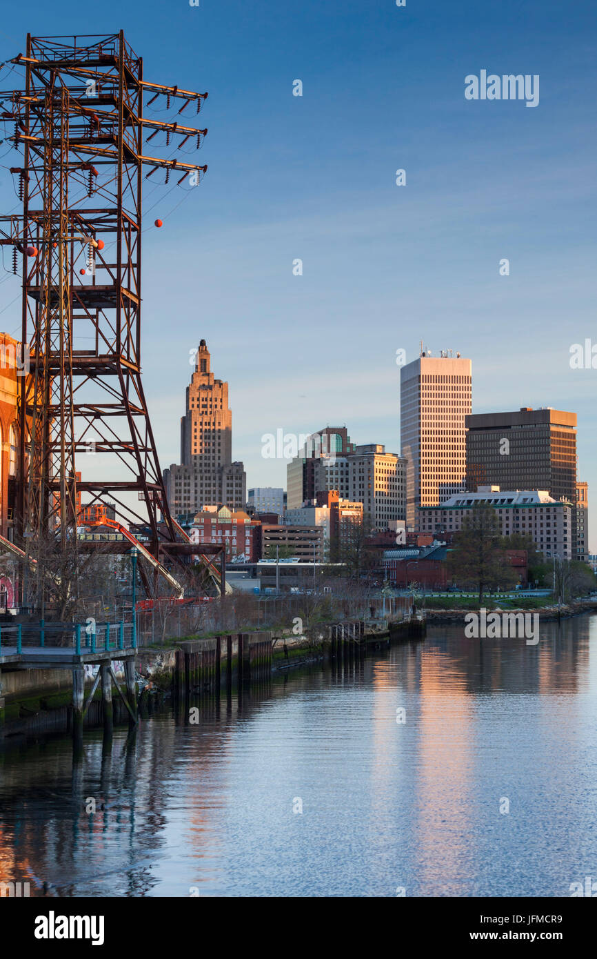USA, Rhode Island, Providence, city skyline from the Providence River, dawn Stock Photo