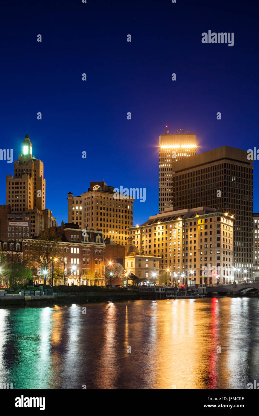 USA, Rhode Island, Providence, city skyline from the Providence River, dusk Stock Photo