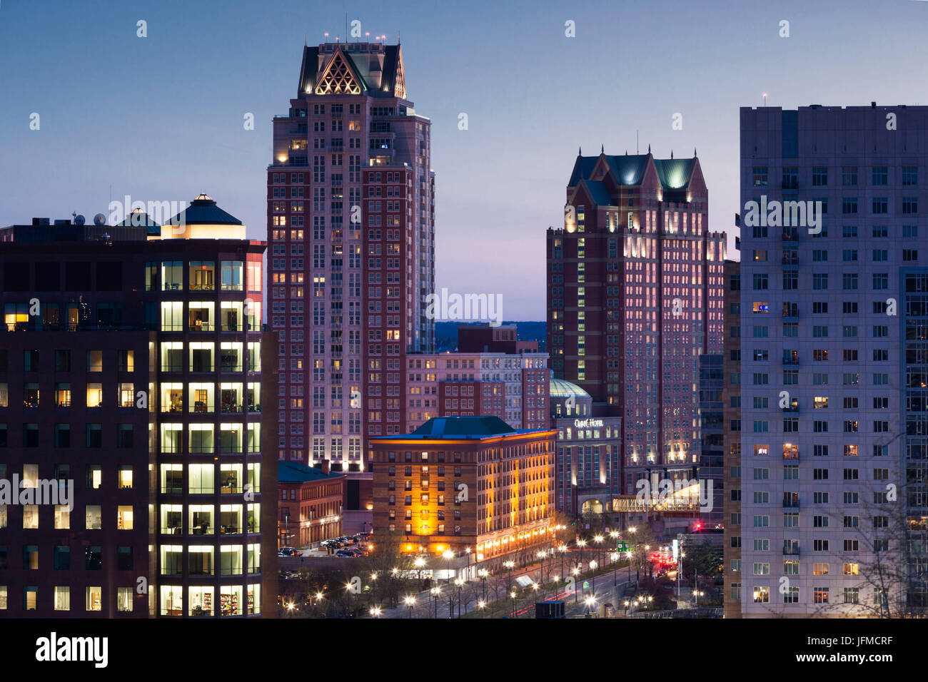 USA, Rhode Island, Providence, city skyline from Prospect Terrace Park, dusk Stock Photo