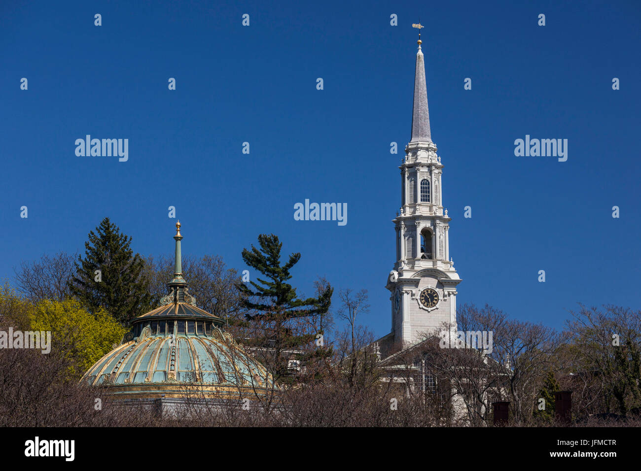 USA, Rhode Island, Providence, Old Stone Bank building and First Unitarian Church of Providence Stock Photo