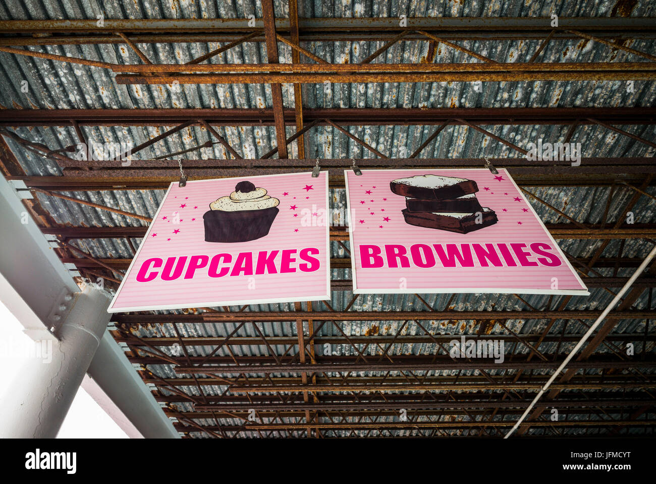 USA, New Hampshire, Hampton Beach, Hampton Beach Seafood Festival, signs for cupcakes and brownies Stock Photo