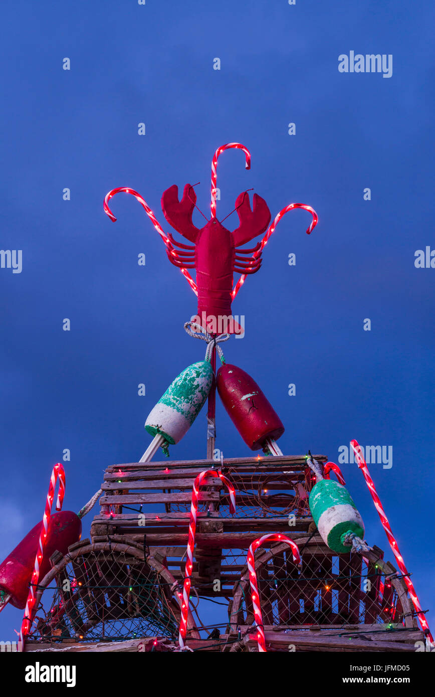 USA, Maine, York Beach, Christmas Tree made of lobster traps and topped