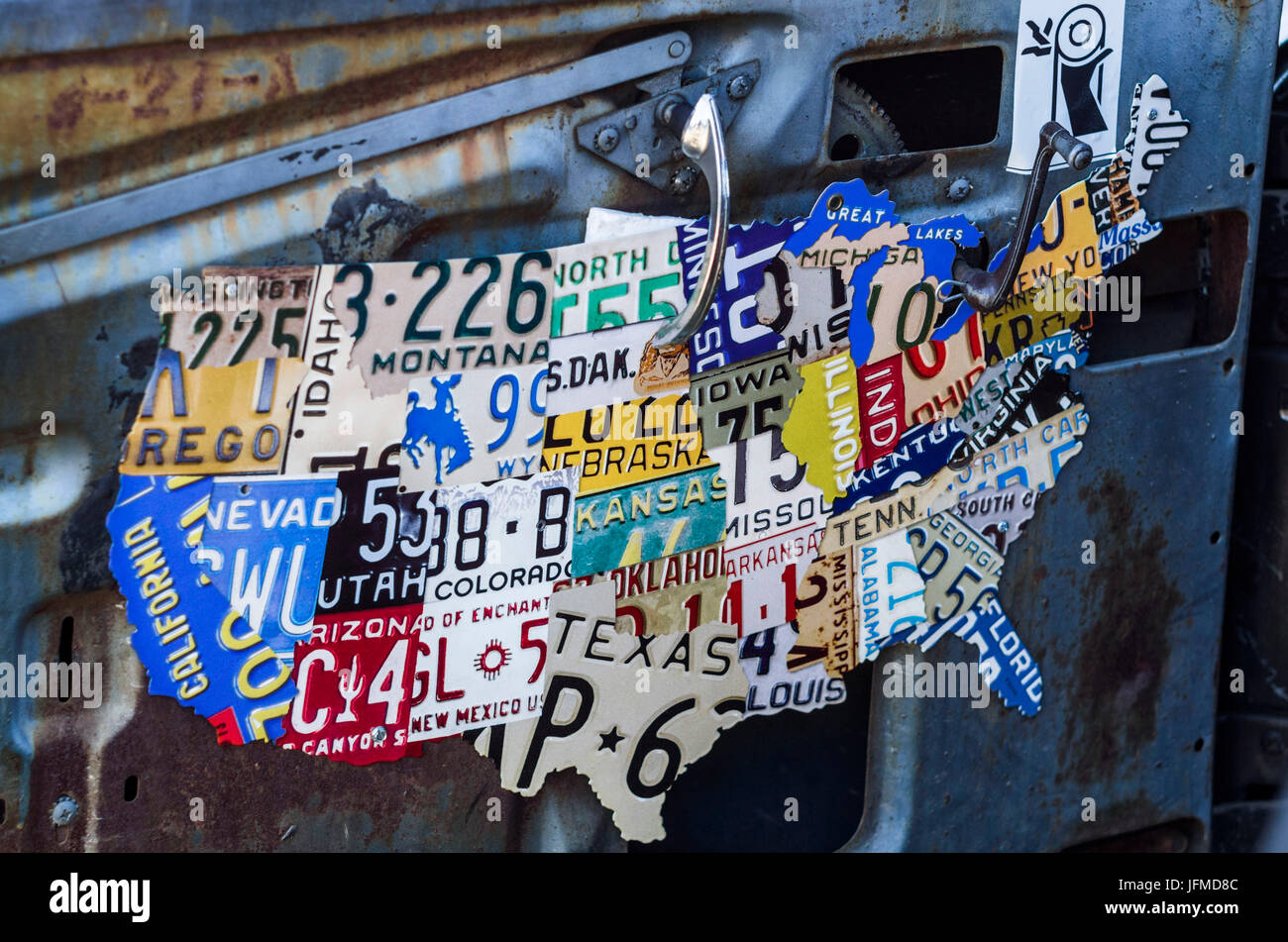 USA, Massachusetts, Cape Ann, Gloucester, classic cars, 1950's-car interior with US map made of license plates Stock Photo