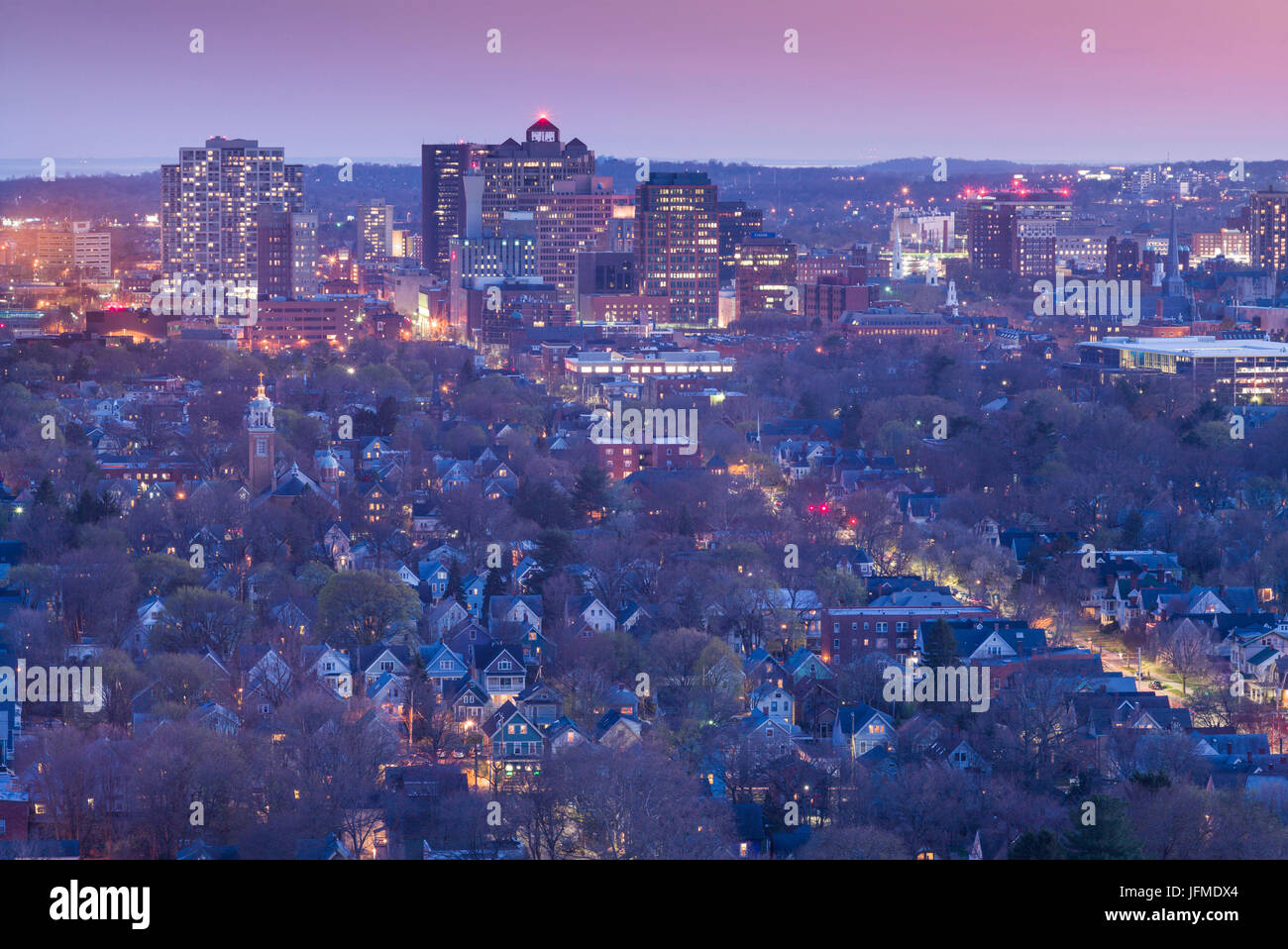 USA, Connecticut, New Haven, city skyline from East Rock Park, dusk