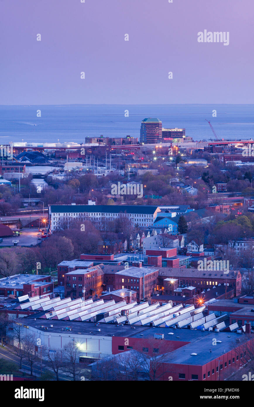 USA, Connecticut, New Haven, city skyline from East Rock Park, dusk