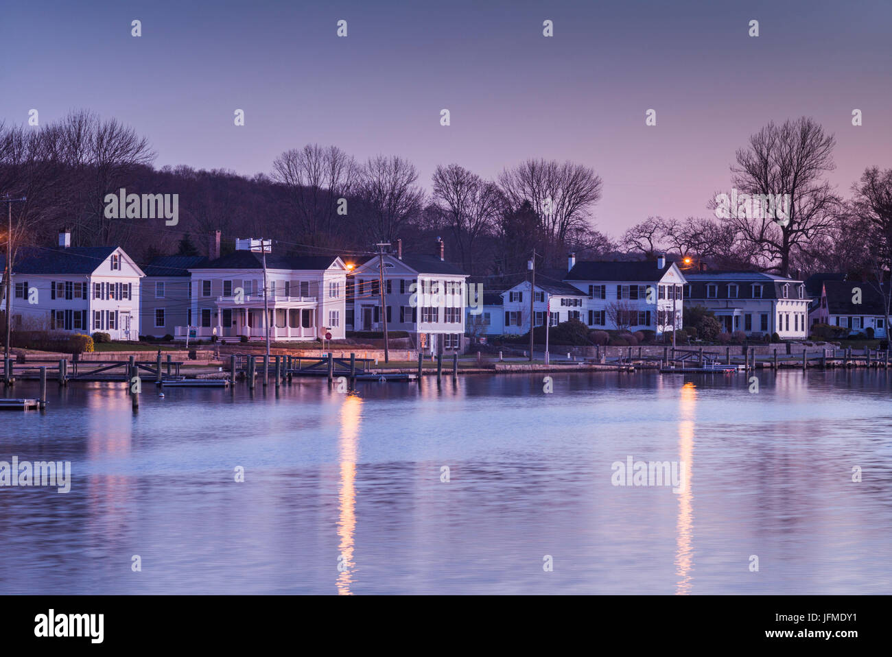 USA, Connecticut, Mystic, houses along Mystic River, dawn Stock Photo