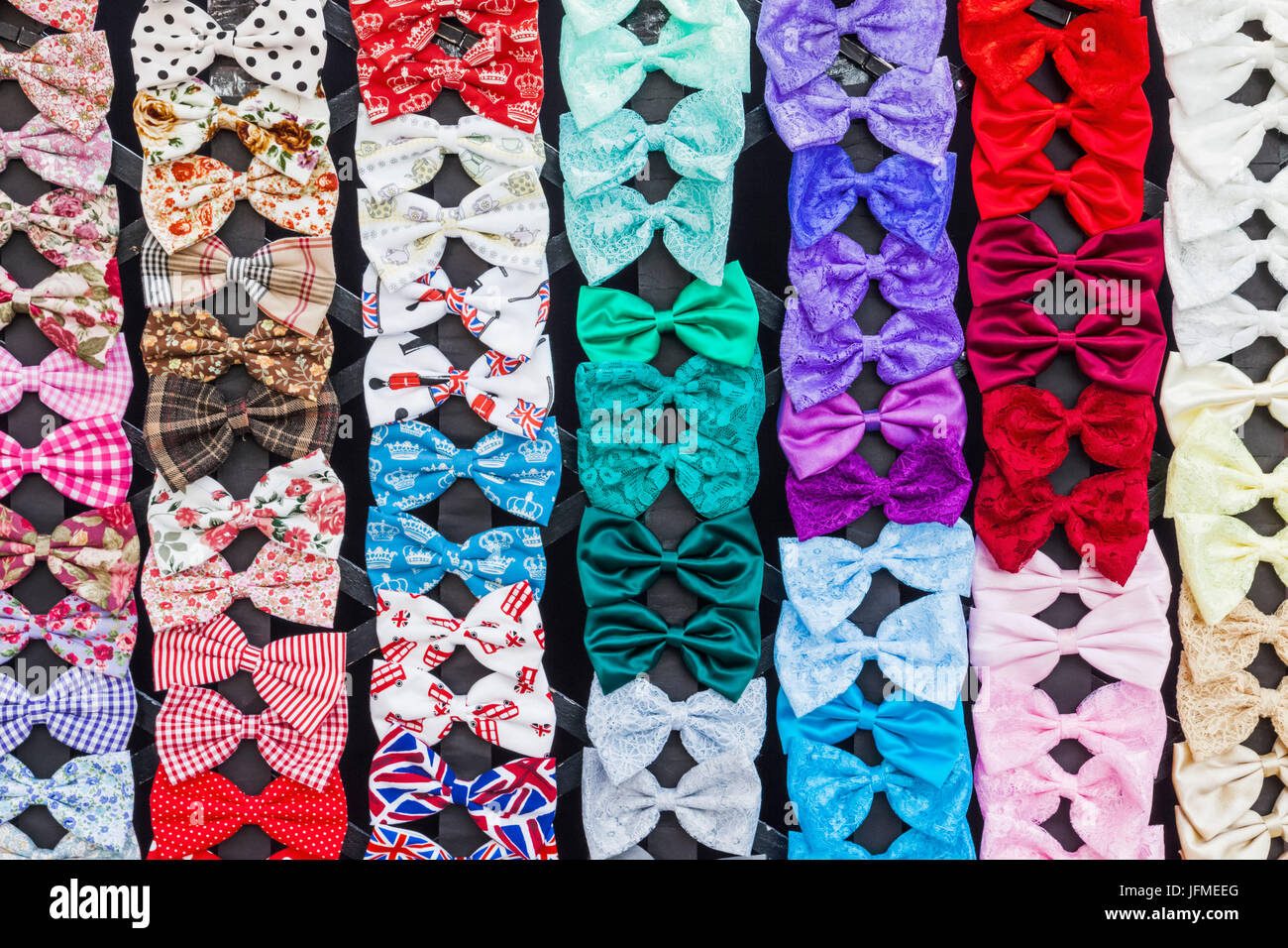 England, London, Greenwich, Greenwich Market, Antique Stall Display of Colourful Bow Ties Stock Photo