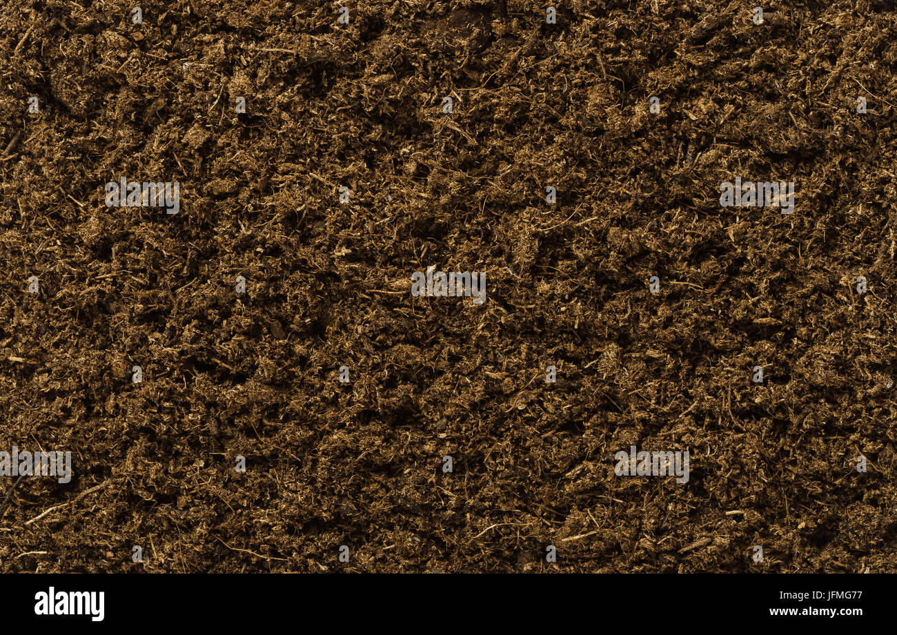 Potting soil flat surface. Also called potting mix or compost, a medium to grow plants with peat, also called turf. Backgrounds. Closeup macro photo. Stock Photo