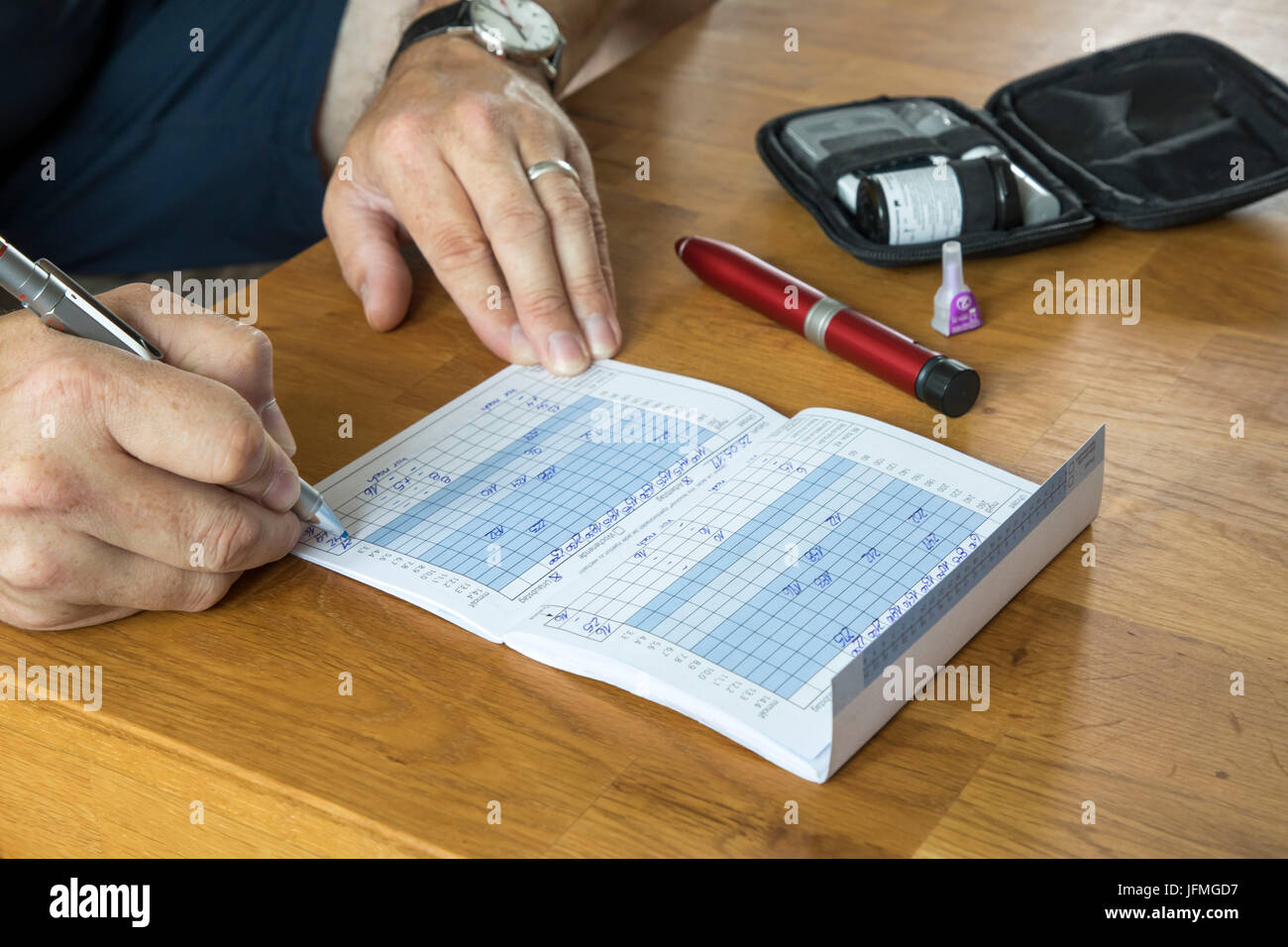 Diabetic make notes in his blood glucose test book, notes about blood ...