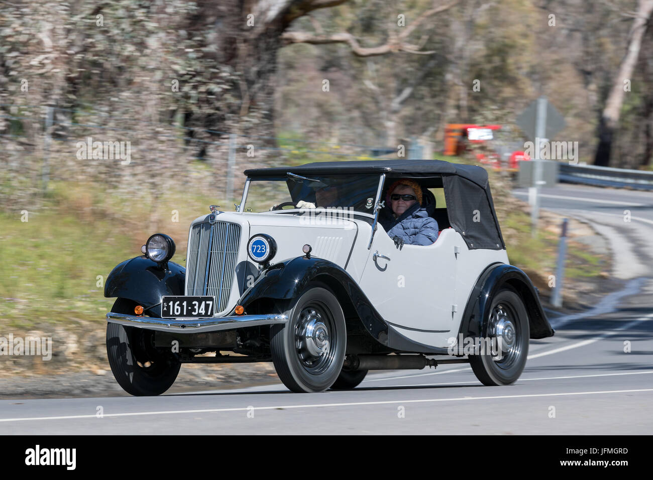 Vintage 1938 Morris 8/40 Roadster  driving on country roads near the town of Birdwood, South Australia. Stock Photo