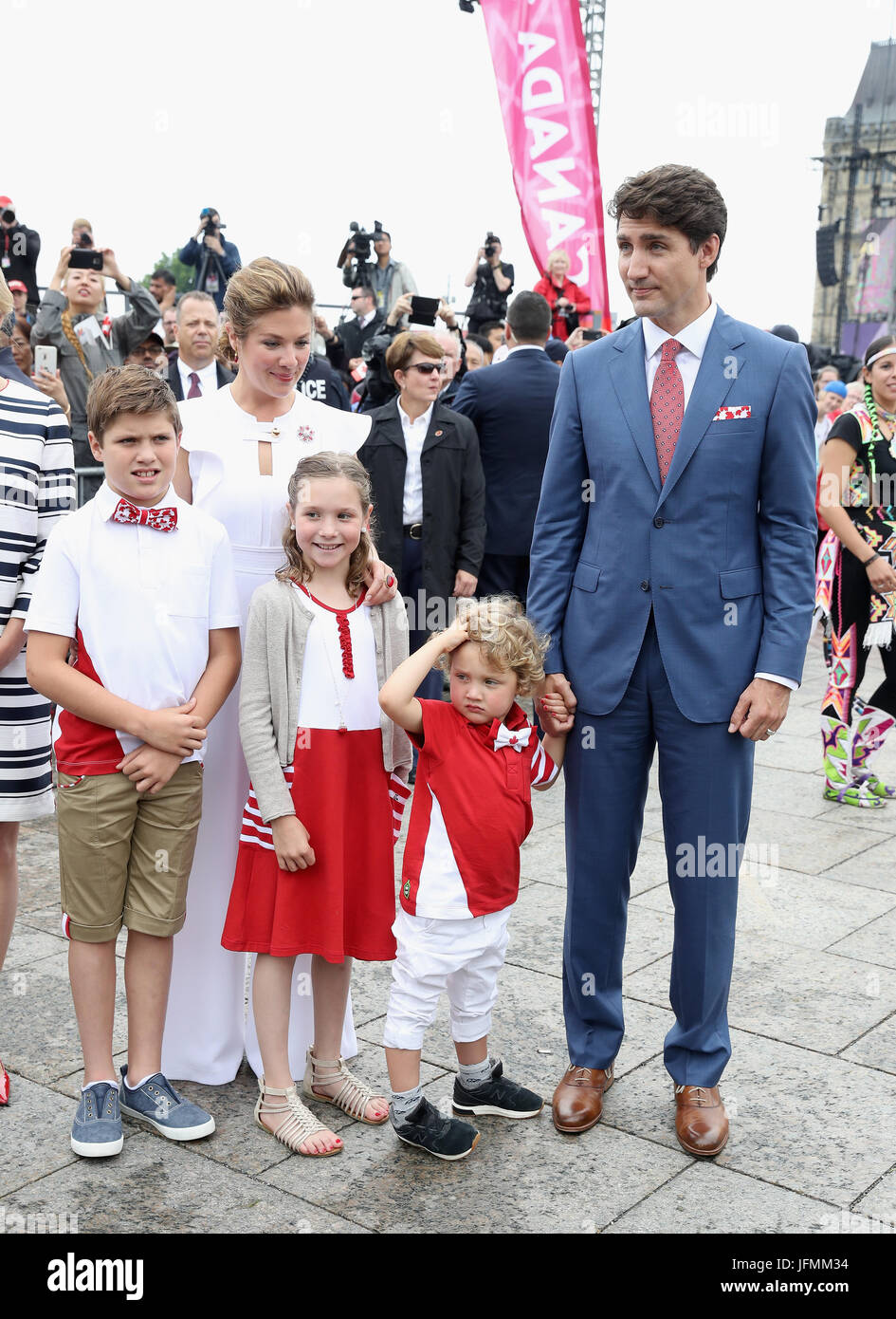 Justin Trudeau, Prime Minister of Canada and his wife Sophie Gregoire  Trudeau and their children, Hadrien, Ella-Grace and Xavier, during the  Canada Day celebrations on Parliament Hill, Ottawa, on day three of