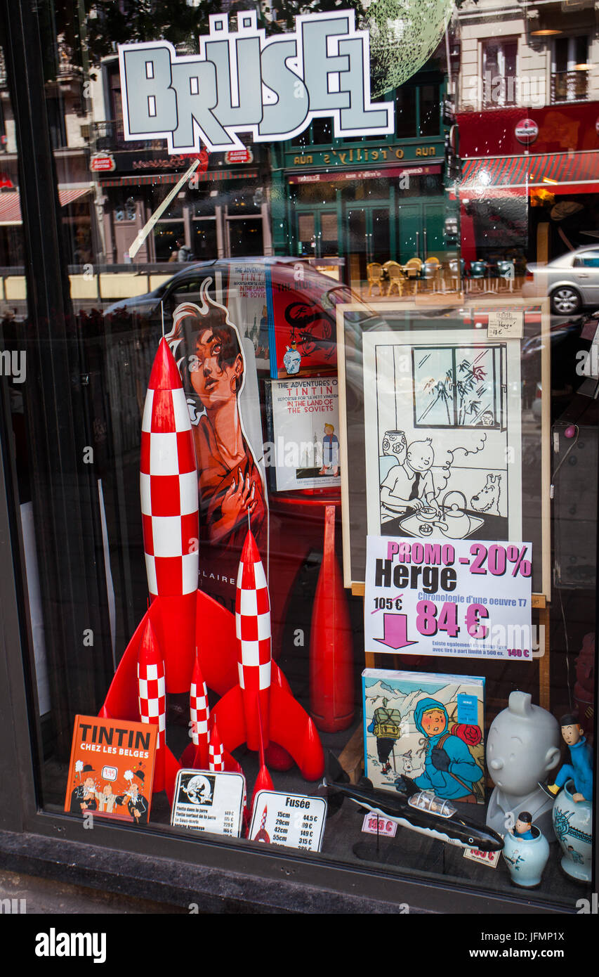 Brussels, Belgium - June 18, 2011: Models, posters and books of TINTIN  display at bookstore in Brussels Stock Photo - Alamy