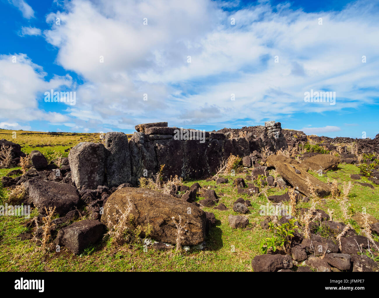 Fallen Moai in Ahu Tepeu, Rapa Nui National Park, Easter Island, Chile Stock Photo